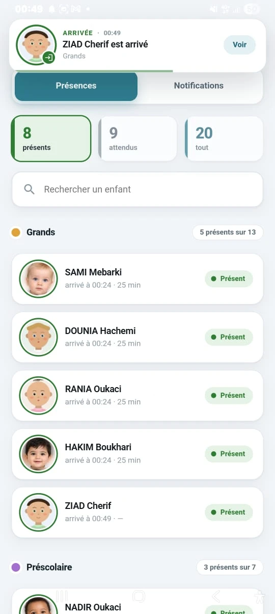 Capture de l'application de l'éducatrice 2 : une notification d'arrivée en haut, puis ses deux sections, Grands et Préscolaire, 20 enfants en tout.